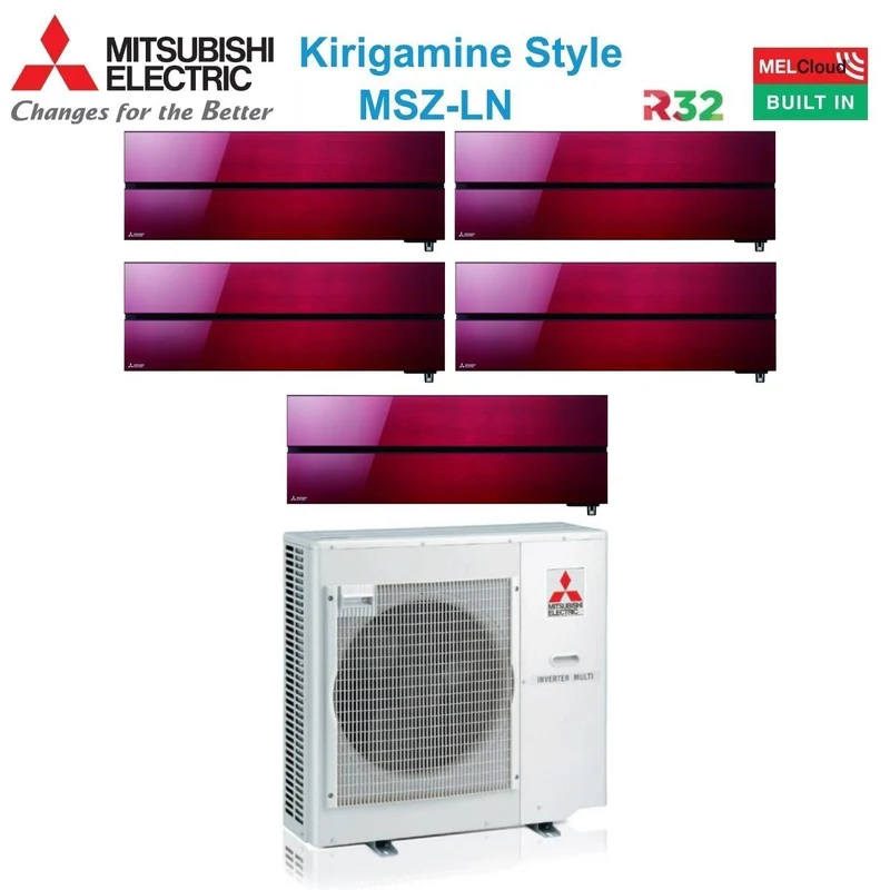 Climatiseur Mitsubishi Electric Penta Split Inverter Kirigamine Style MSZ-LN 9+9+9+9+9 avec MXZ-5F102VF Rouge Rubis R-32 Wi-Fi intégré Couleur Rouge 9000+9000+9000+9000+9000