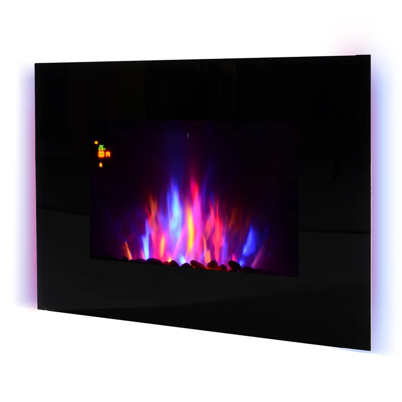 Cheminée électrique murale EasyComfort, puissance 1000 W/2000 W, effet flamme 7 couleurs, télécommande incluse, 90 × 9,5 × 56 cm