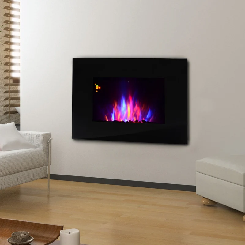 Cheminée électrique murale EasyComfort, puissance 1000 W/2000 W, effet flamme 7 couleurs, télécommande incluse, 90 × 9,5 × 56 cm