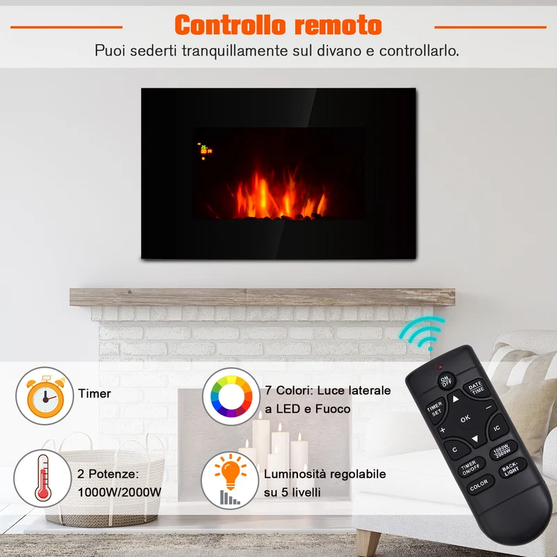Cheminée électrique murale EasyComfort, puissance 1000 W/2000 W, effet flamme 7 couleurs, télécommande incluse, 90 × 9,5 × 56 cm