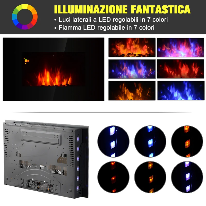 Cheminée électrique murale EasyComfort, puissance 1000 W/2000 W, effet flamme 7 couleurs, télécommande incluse, 90 × 9,5 × 56 cm