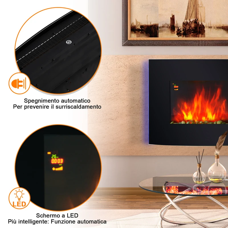 Cheminée électrique murale EasyComfort, puissance 1000 W/2000 W, effet flamme 7 couleurs, télécommande incluse, 90 × 9,5 × 56 cm