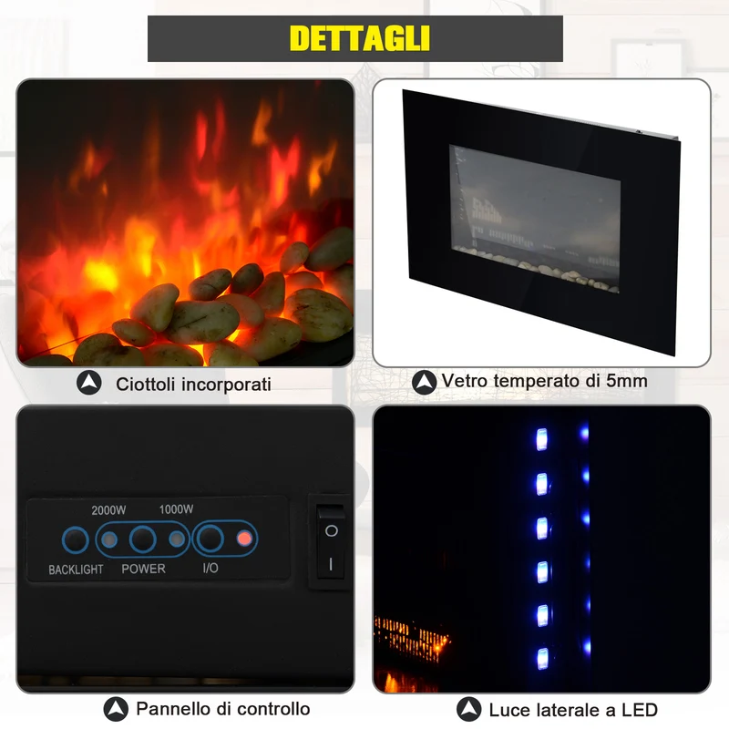 Cheminée électrique murale EasyComfort, puissance 1000 W/2000 W, effet flamme 7 couleurs, télécommande incluse, 90 × 9,5 × 56 cm