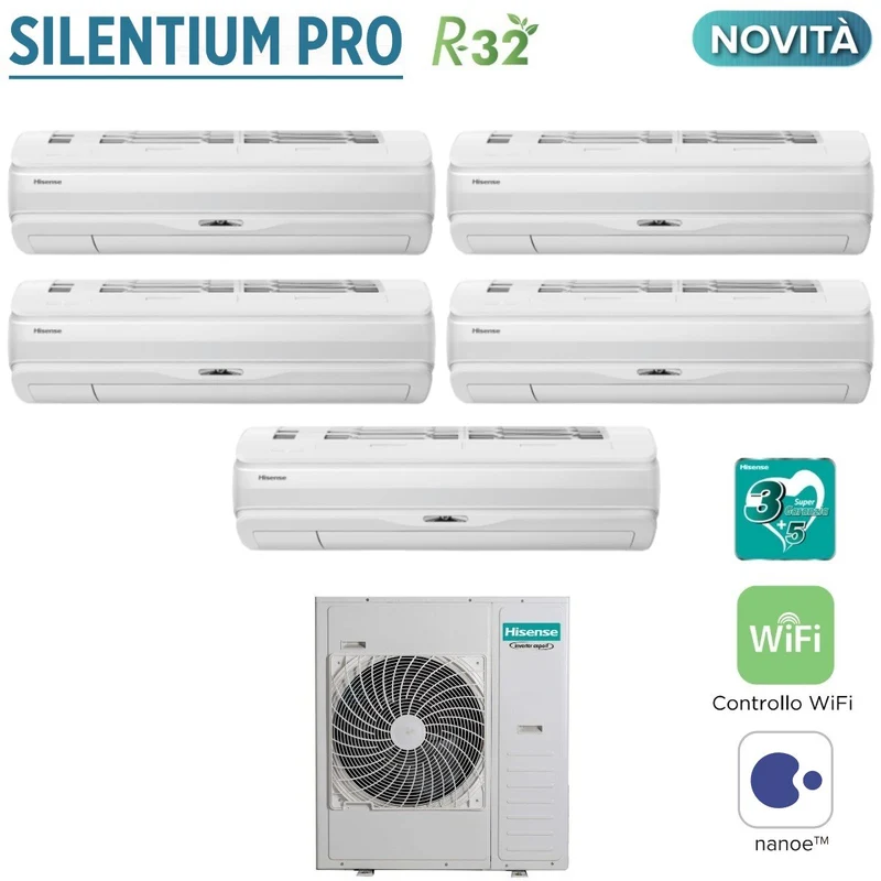 Hisense SILENTIUM PRO 9+9+9+9+9 Climatiseur Penta Split Inverter avec 5AMW125U4RTA R-32 Wi-Fi intégré 9000+9000+9000+9000+9000 - Nouveau