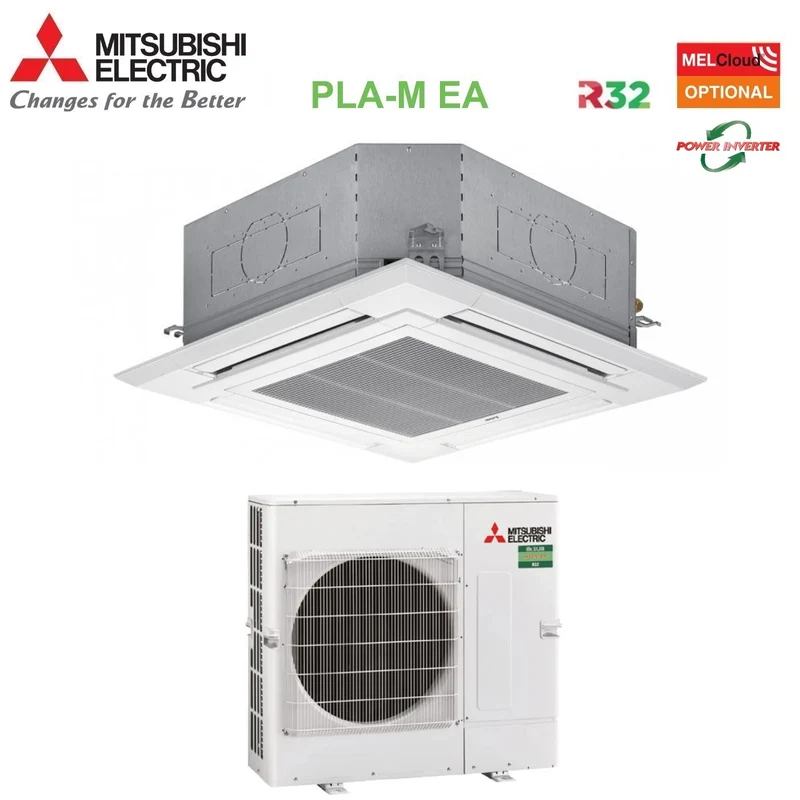 Climatiseur cassette Mitsubishi Electric 90x90 à 4 voies avec Inverter, 21 000 BTU, PLA-M60EA + PUZ-ZM60VHA, R-32, Wi-Fi en option, grille incluse