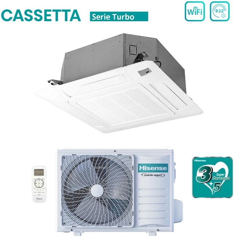 Climatiseur cassette Hisense Inverter série TURBO 18 000 BTU ACT52UR4RCC8 + AUW52U4RJ8 R-32 Wi-Fi en option Classe A++/A+ avec télécommande et panneau inclus