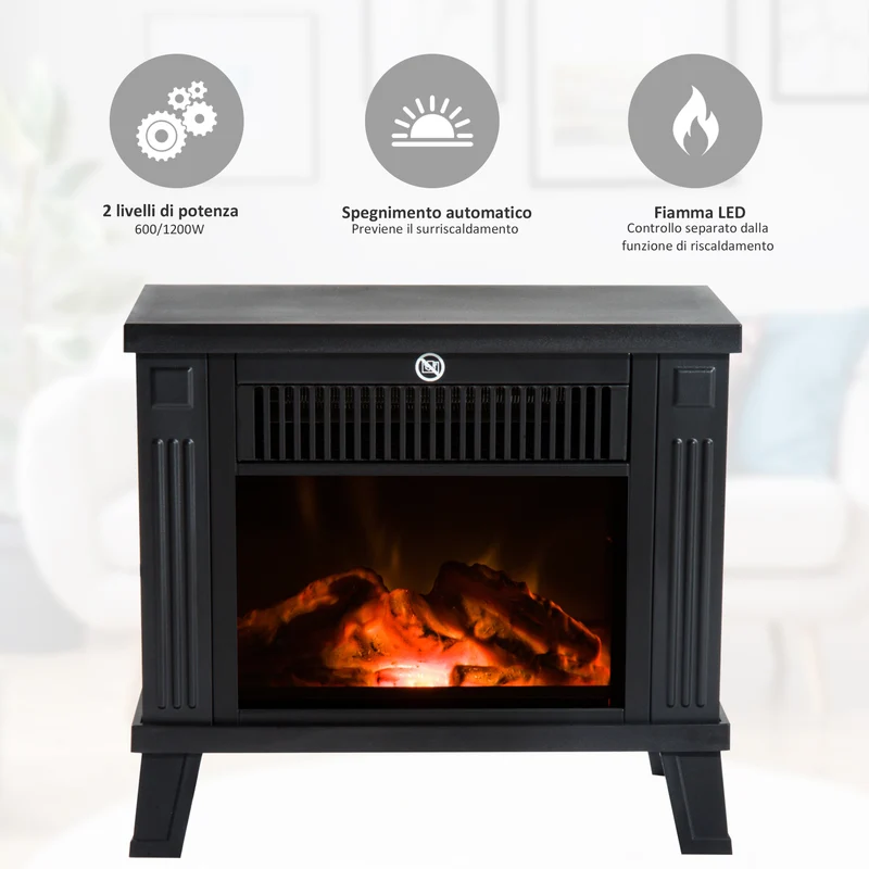 Cheminée électrique sur pied Easycomfort moderne, puissance 600 W/1200 W, effet flamme, 34 x 17 x 31 cm, noire