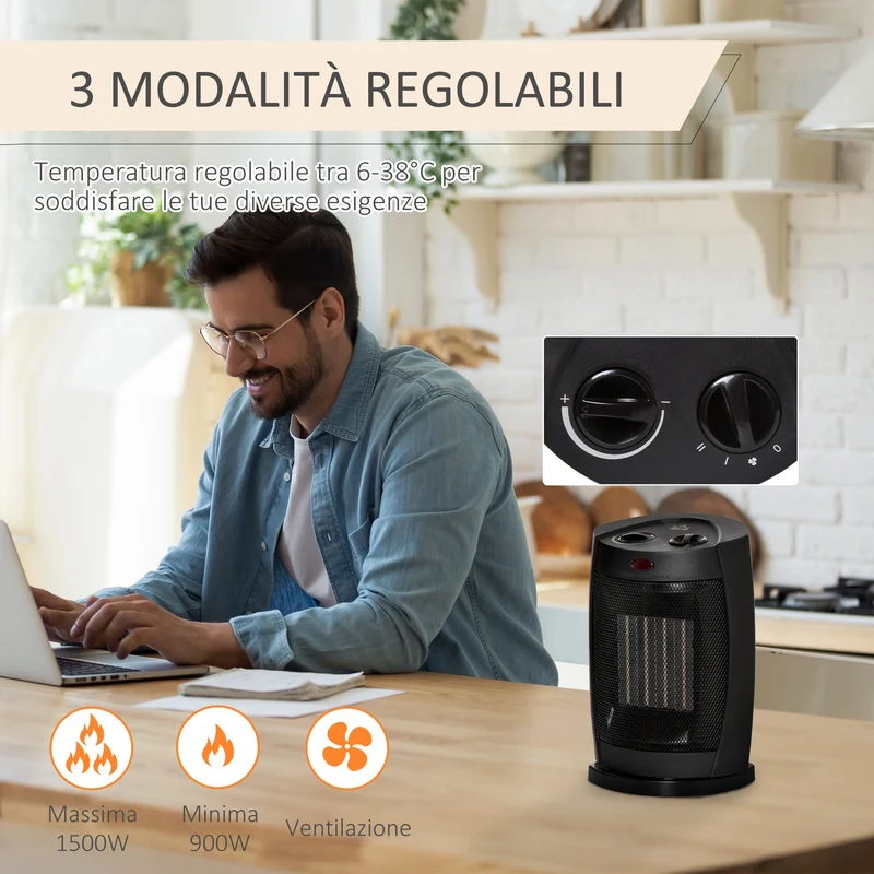 Easycomfort Stufetta Elettrica Ceramica Oscillante a 60°, Aria e Temperatura Regolabili 6-38°C, Potenza 900W/1500W, 19.5x14.8x28cm, Nero