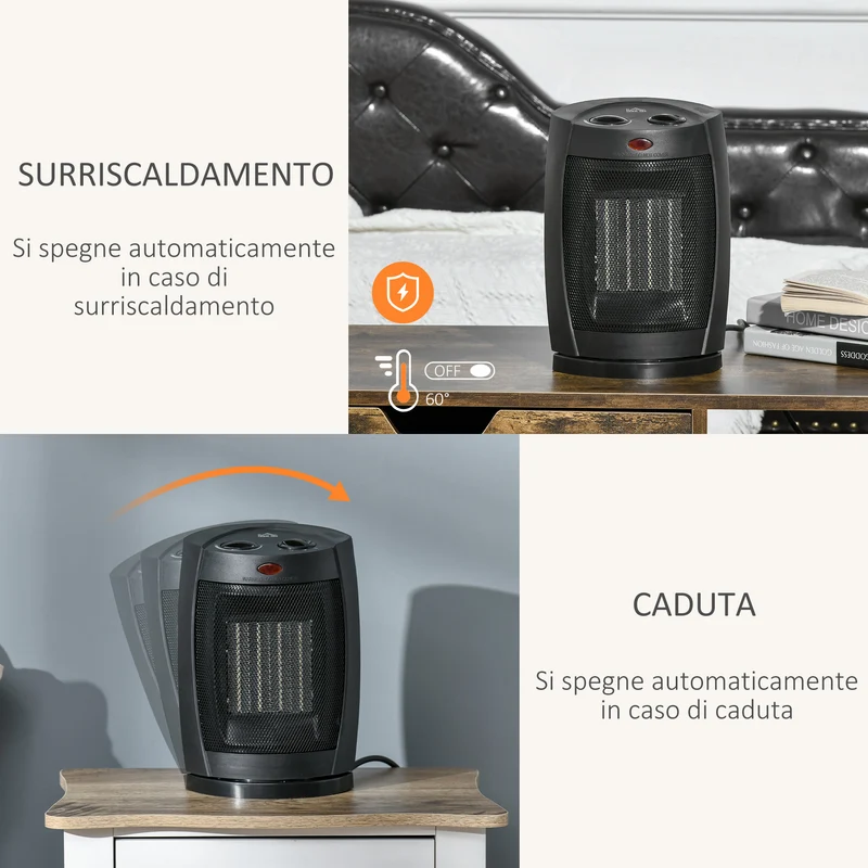 Easycomfort Stufetta Elettrica Ceramica Oscillante a 60°, Aria e Temperatura Regolabili 6-38°C, Potenza 900W/1500W, 19.5x14.8x28cm, Nero