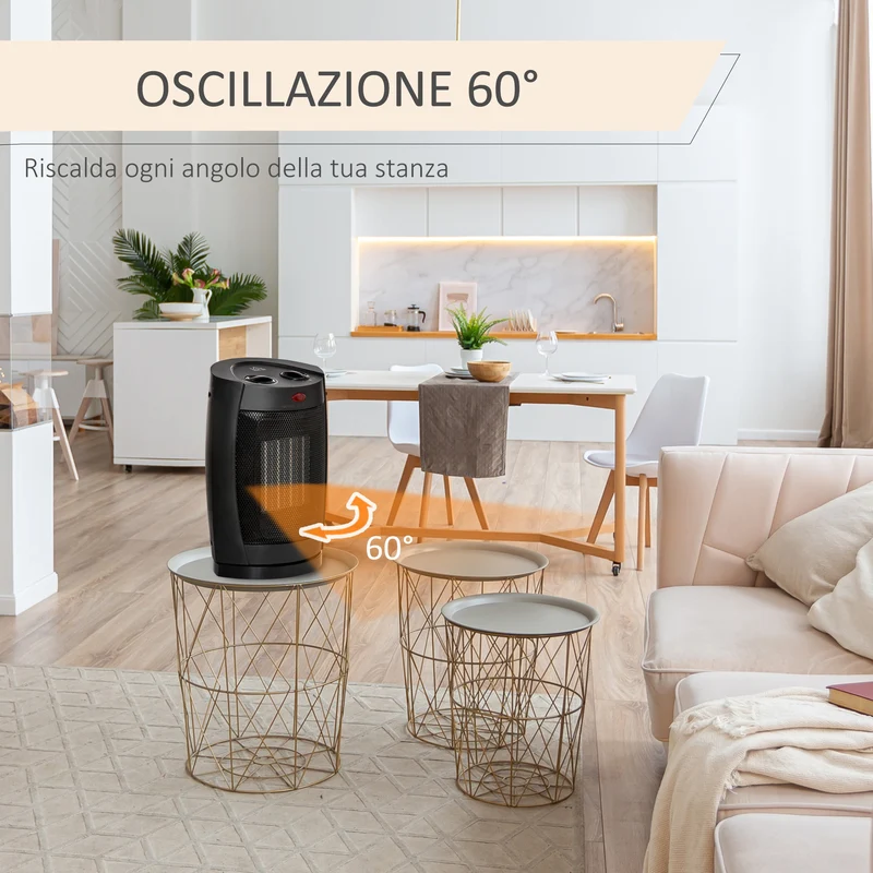 Easycomfort Stufetta Elettrica Ceramica Oscillante a 60°, Aria e Temperatura Regolabili 6-38°C, Potenza 900W/1500W, 19.5x14.8x28cm, Nero