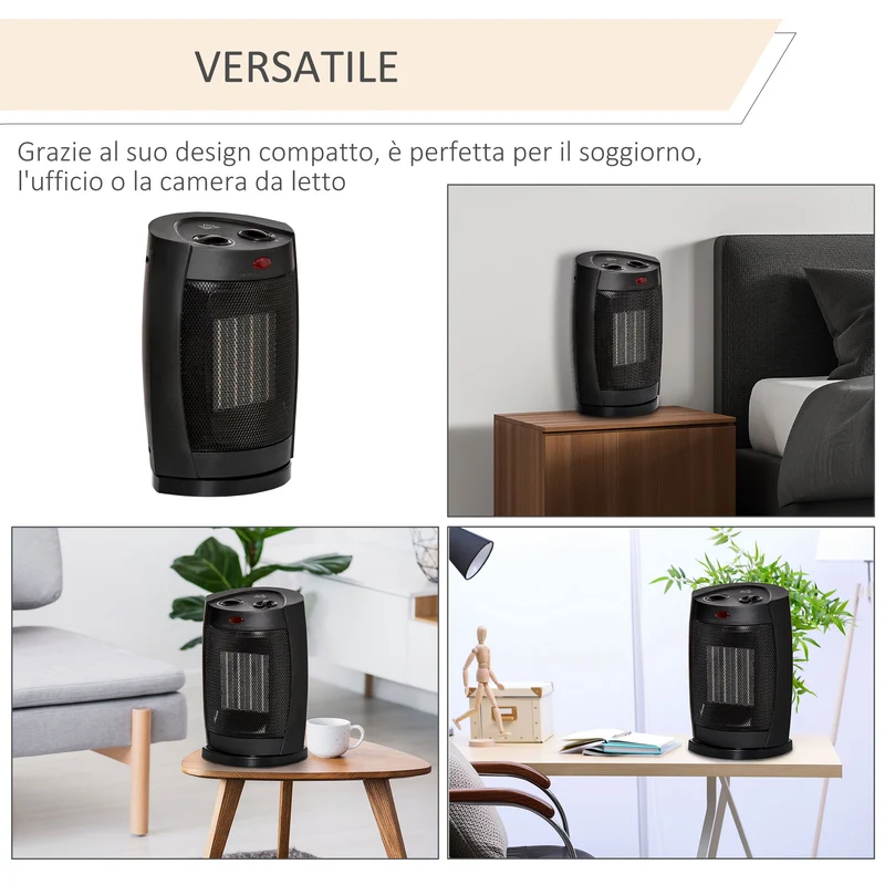Easycomfort Stufetta Elettrica Ceramica Oscillante a 60°, Aria e Temperatura Regolabili 6-38°C, Potenza 900W/1500W, 19.5x14.8x28cm, Nero