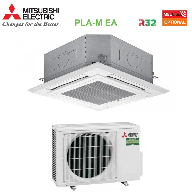 Climatiseur cassette 4 voies Mitsubishi Electric 90x90 12 000 BTU PLA-M35EA + SUZ-M35VA R-32, Wi-Fi en option, grille incluse