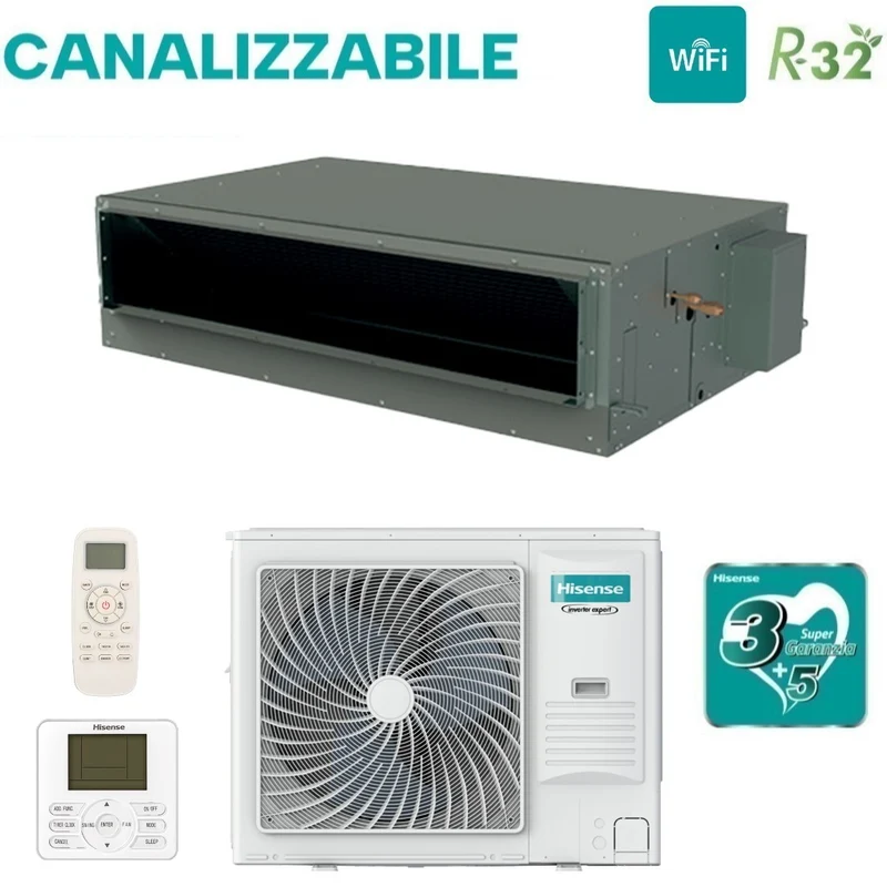 Climatiseur gainable triphasé Hisense 60 000 BTU AUD175UX4RHH5 R-32 avec Wi-Fi, télécommande et commande filaire en option