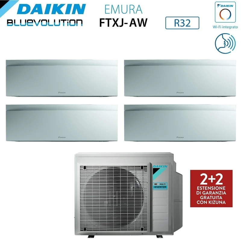 Climatiseur quadri-split inverter Daikin Bluevolution Quadri EMURA WHITE III série 7+9+15+18 avec 4MXM80N R-32, Wi-Fi intégré, puissance 7000+9000+15000+18000 BTU, couleur blanche - Garantie italienne