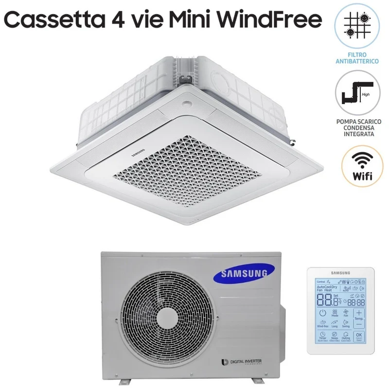 Climatiseur cassette mini Samsung 4 voies Windfree 12 000 BTU AC035NNNDKH R-410 avec Wi-Fi en option, télécommande sans fil et panneau inclus.