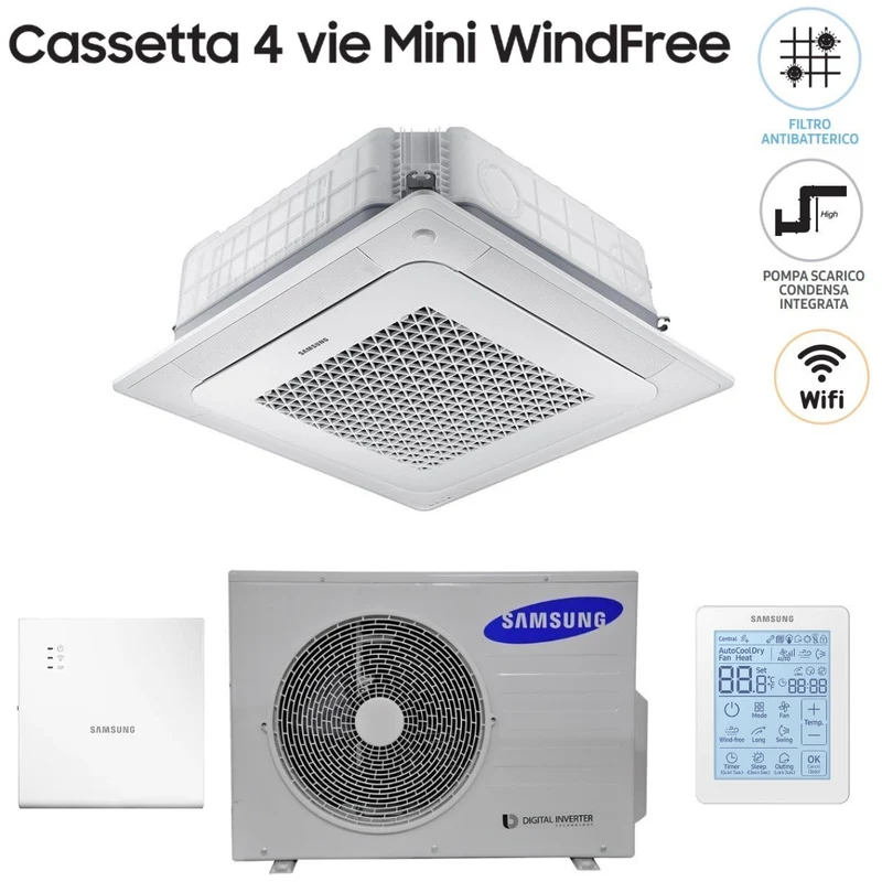 Climatiseur cassette mini Samsung 4 voies Windfree 12 000 BTU AC035NNNDKH R-410 avec Wi-Fi en option, télécommande sans fil et panneau inclus.