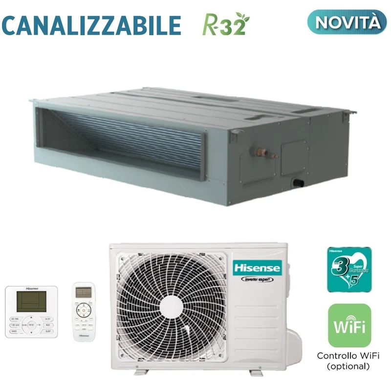 Climatizzatore Condizionatore Hisense Inverter Canalizzato Canalizzabile 30000 Btu AUD90UX4RDH5 R-32 Wi-Fi Optional con Telecomando di Serie e Cablato - Novità
