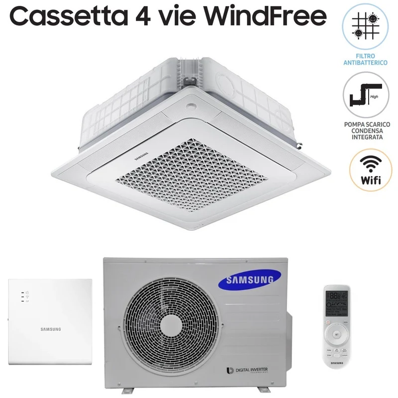 Climatiseur cassette Samsung Inverter 4 voies WindFree 24 000 BTU AC071NN4DKH monophasé avec Wi-Fi en option, télécommande sans fil et panneau inclus