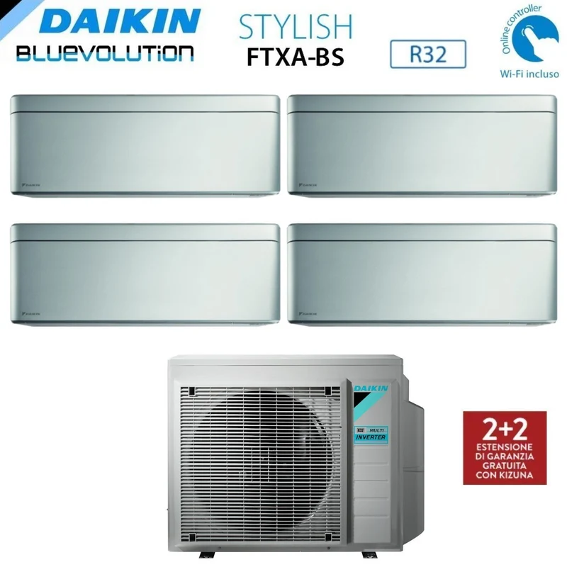 Climatiseur quadri-split inverter Daikin Bluevolution Quadri, élégant, argent total, FTXA-BS, 9+9+9+12 BTU avec 4MXM80N, R-32, Wi-Fi intégré, 9000+9000+9000+12000 BTU, couleur grise, garantie italienne - Nouveauté 2020