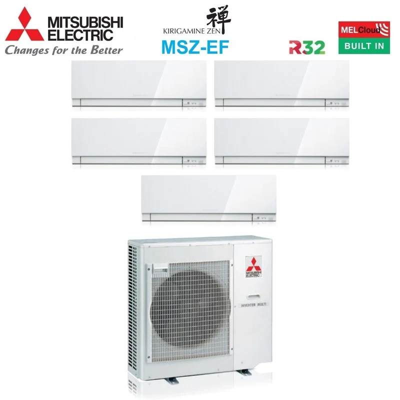 Climatiseur penta-split inverter Mitsubishi Electric Penta KIRIGAMINE ZEN WHITE série MSZ-EF 7+9+9+9+18 avec MXZ-5F102VF R-32 Wi-Fi intégré Couleur blanche 7000+9000+9000+9000+18000