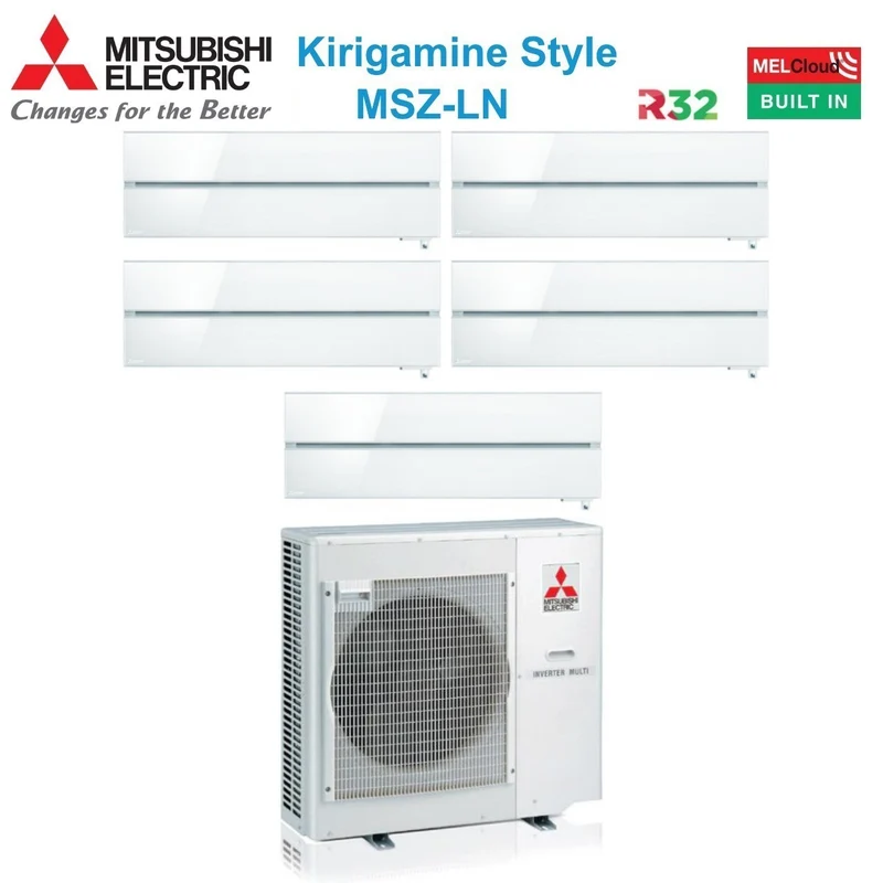 Climatiseur penta-split Mitsubishi Electric inverter série Kirigamine Style MSZ-LN 9+9+9+9+12 avec MXZ-5F102VF Pearl White R-32 Wi-Fi intégré Colore blanc Perla 9000+9000+9000+9000+12000
