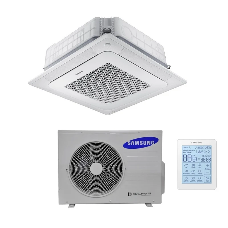 Climatiseur cassette Samsung Inverter 4 voies WindFree 36 000 BTU AC100NN4DKH triphasé avec télécommande sans fil et panneau inclus