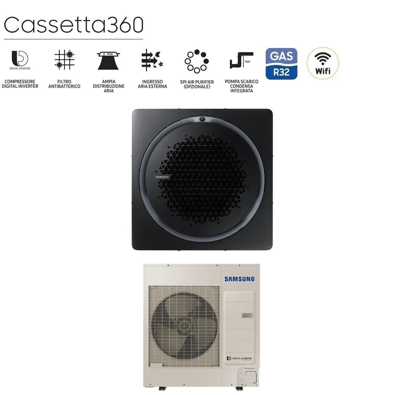 Climatiseur cassette Inverter Samsung 360° 42 000 BTU AC120RN4PKG/EU triphasé R-32, Wi-Fi en option, panneaux disponibles en plusieurs modèles