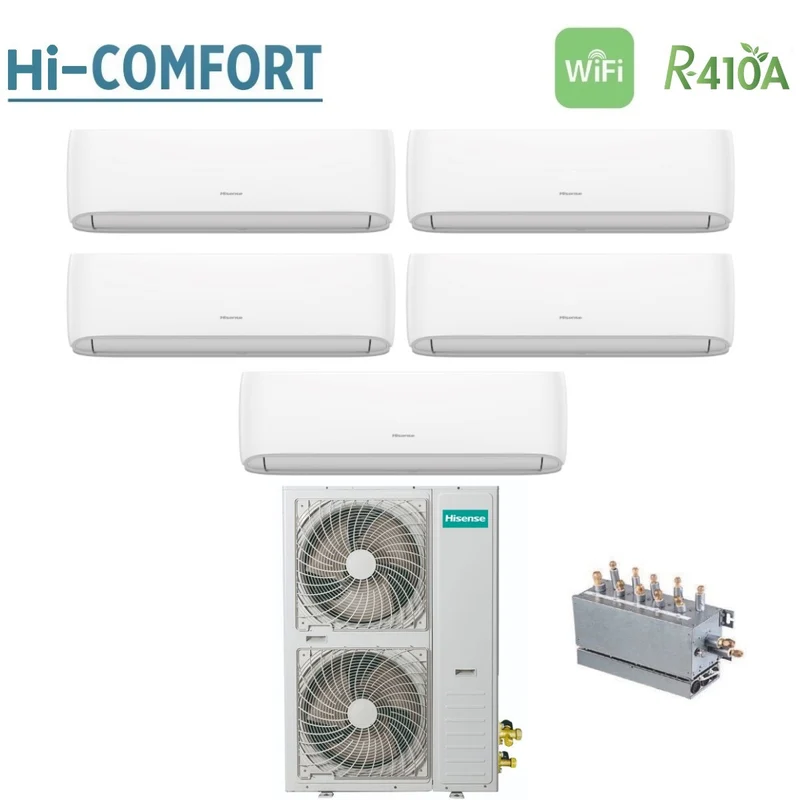 Climatiseur penta-split inverter Hisense Hi-COMFORT série 9+9+9+12+12 avec AMW123U4SE R-410 et Wi-Fi intégré, incluant un boîtier de raccordement 9000+9000+9000+12000+12000