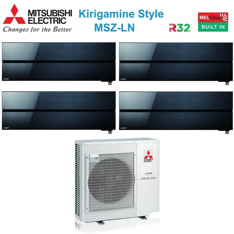 Climatiseur Mitsubishi Electric Quadri Split Inverter Kirigamine Style MSZ-LN série 9+9+12+12 avec MXZ-4F80VF Onyx Black R-32 Wi-Fi intégré Couleur noire 9000+9000+12000+12000