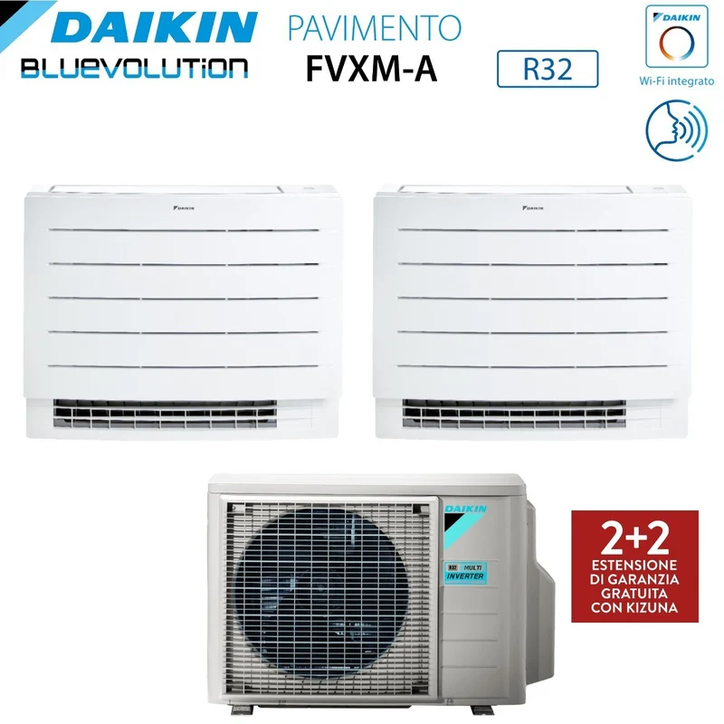 Climatiseur mural Daikin PERFERA série FVXM-A 7+9 (deux unités) avec refroidisseur R-32 2MXM40A, Wi-Fi intégré 7000+9000 W, télécommande infrarouge incluse et garantie italienne.