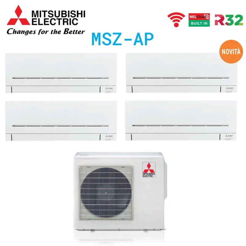 Climatiseur quadri-split Mitsubishi Electric inverter série AP-VGK 5+5+5+9 avec MXZ-4F80VF R-32 Wi-Fi intégré 5000+5000+5000+9000