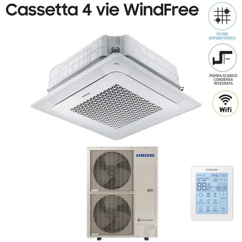 Climatiseur cassette Samsung Inverter 4 voies WindFree 48 000 BTU AC140NN4DKH monophasé avec commande sans fil et panneau inclus