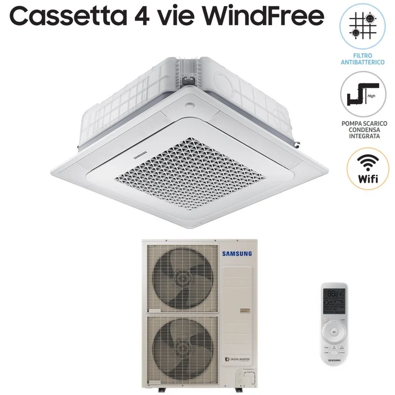 Climatiseur cassette Samsung Inverter 4 voies WindFree 48 000 BTU AC140NN4DKH monophasé avec commande sans fil et panneau inclus