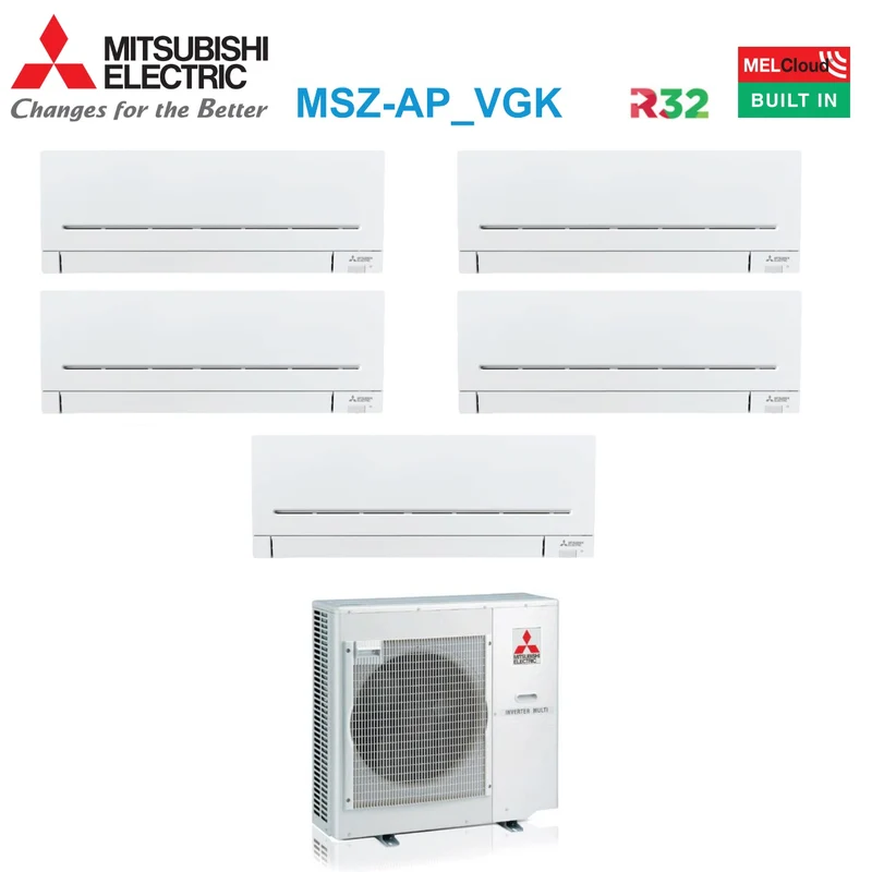 Climatiseur penta-split inverter Mitsubishi Electric Penta série AP-VGK 7+7+7+7+12 avec MXZ-5F102VF R-32 Wi-Fi intégré 7000+7000+7000+7000+12000
