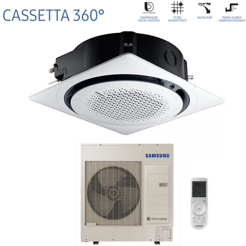 Climatiseur cassette Inverter Samsung 360° 36 000 BTU AC100MN4PKH/EU triphasé R-410 avec Wi-Fi en option et télécommande sans fil incluse - Panneaux de commande variés disponibles