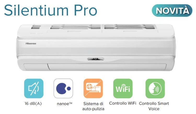 Climatiseur Penta Split Inverter série Hisense SILENTIUM PRO 9+9+9+9+12 avec 5AMW125U4RTA R-32 Wi-Fi intégré 9000+9000+9000+9000+12000 - Nouveau