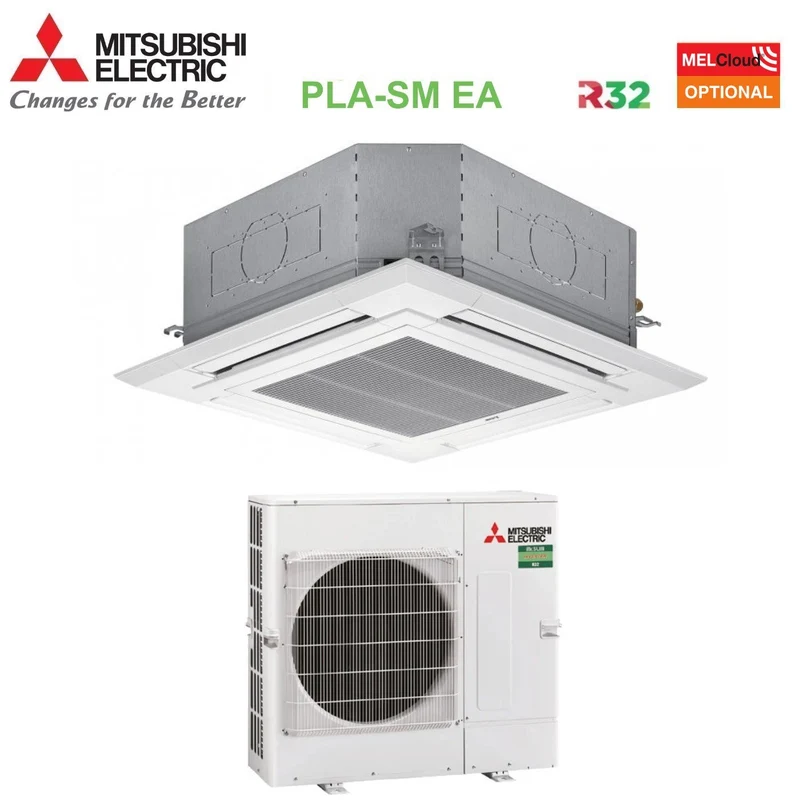 Climatiseur cassette Mitsubishi Electric Inverter 4 voies 90x90 42 000 BTU PLA-SM125EA + PUZ-SM125YKA triphasé R-32, Wi-Fi en option, grille incluse
