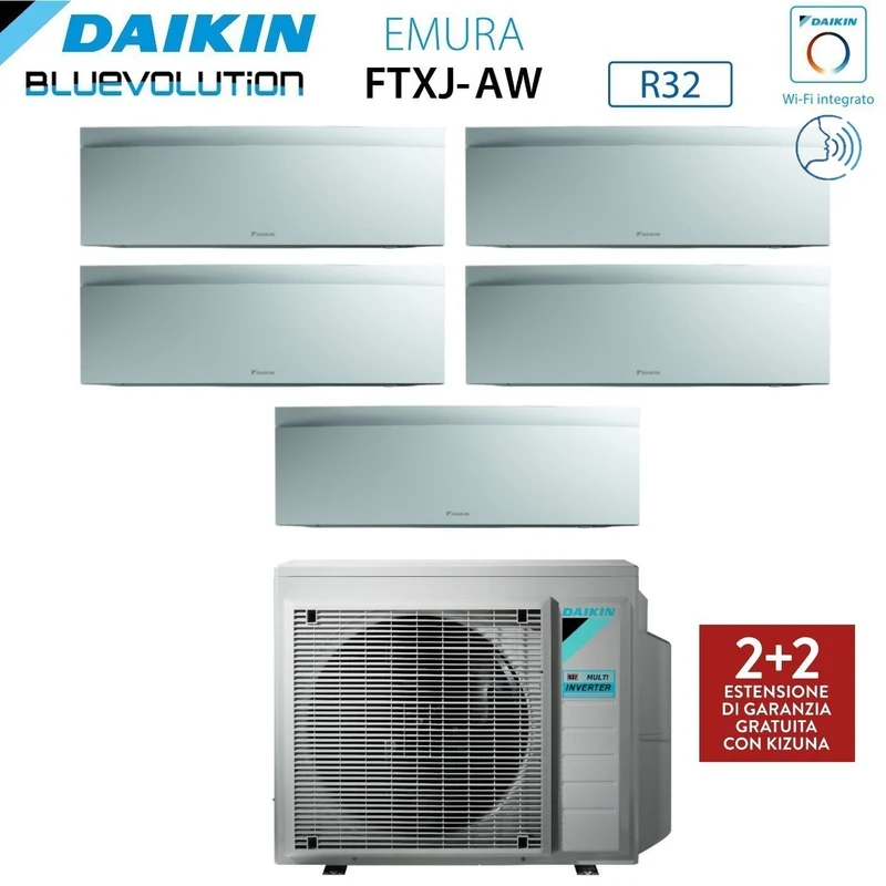Climatiseur penta-split inverter Daikin Bluevolution Penta EMURA WHITE III série 9+9+12+12+12 avec 5MXM90N R-32, Wi-Fi intégré, 9000+9000+12000+12000+12000, couleur blanche - Garantie italienne