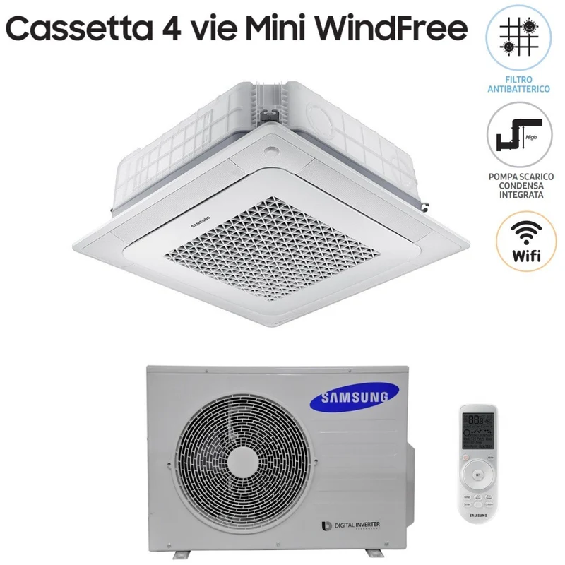 Climatiseur Samsung Mini Cassette 4 voies Windfree 18 000 BTU AC052NNNDKH R-410 avec Wi-Fi en option, télécommande sans fil et panneau inclus