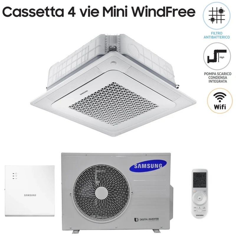 Climatiseur Samsung Mini Cassette 4 voies Windfree 18 000 BTU AC052NNNDKH R-410 avec Wi-Fi en option, télécommande sans fil et panneau inclus