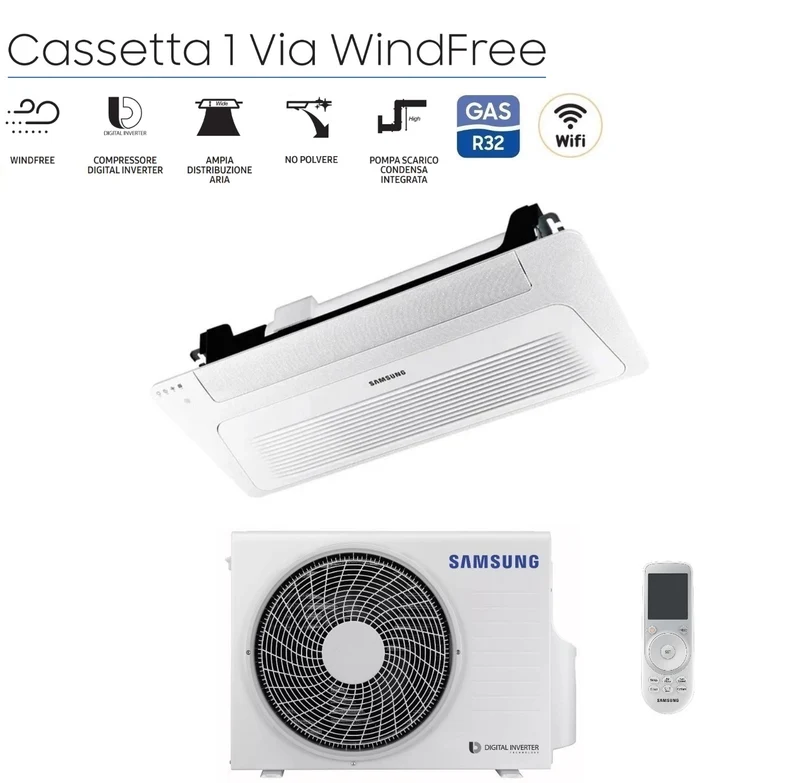 Climatiseur cassette mince monodirectionnel Samsung AC035RN1DKG 12 000 BTU avec R-32, Wi-Fi en option, panneau de commande et télécommande inclus.