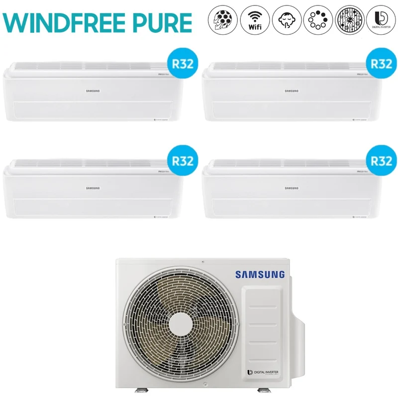 Climatiseur quadri-split inverter Samsung WINDFREE PURE série 7+7+7+12 avec AJ080RCJ R-32 Wi-Fi intégré 7000+7000+7000+12000