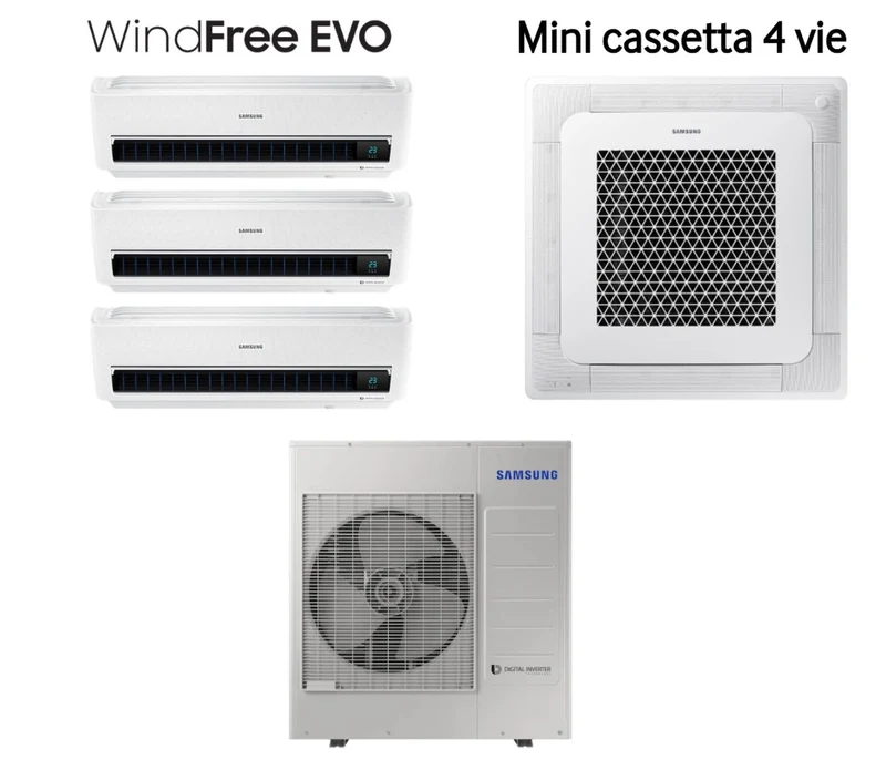 Climatiseur split inverter Samsung Quadri WINDFREE EVO série 7000+7000+7000 + Mini cassette 4 voies Windfree 12000 avec AJ100RCJ R-32, Wi-Fi intégré, panneau de commande et télécommande inclus (7+7+7+12).