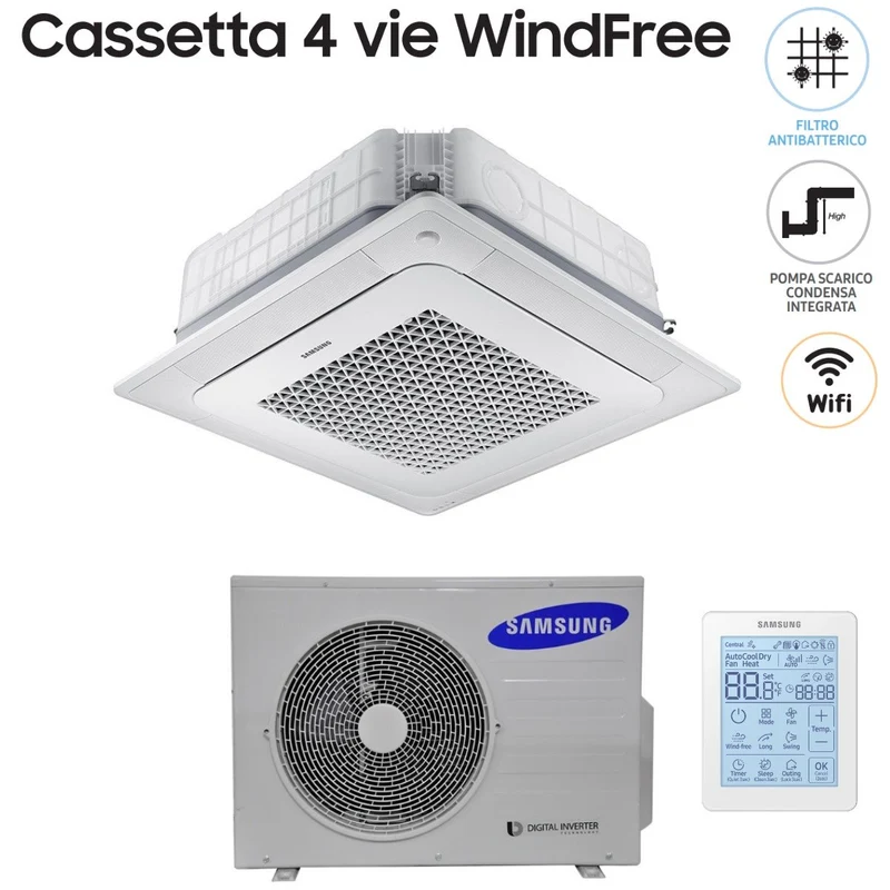 Climatiseur cassette Inverter Samsung 4 voies WindFree 36 000 BTU AC100NN4DKH monophasé avec télécommande sans fil et panneau inclus