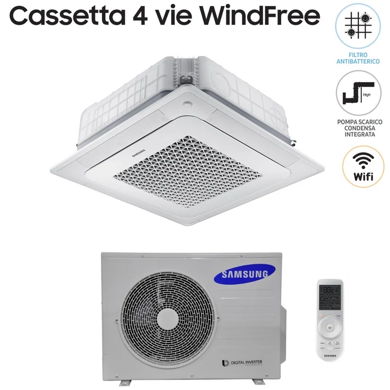 Climatiseur cassette Inverter Samsung 4 voies WindFree 36 000 BTU AC100NN4DKH monophasé avec télécommande sans fil et panneau inclus