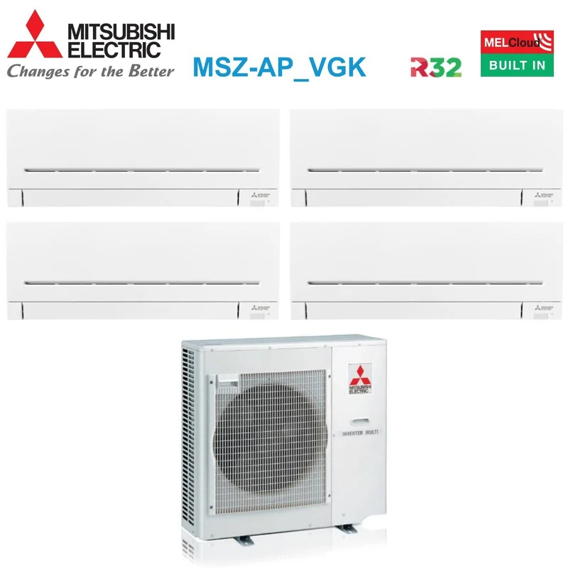 Climatiseur Mitsubishi Electric Quadri Split Inverter série AP-VGK 9+9+9+15 avec MXZ-4F72VF R-32 et Wi-Fi intégré 9000+9000+9000+15000