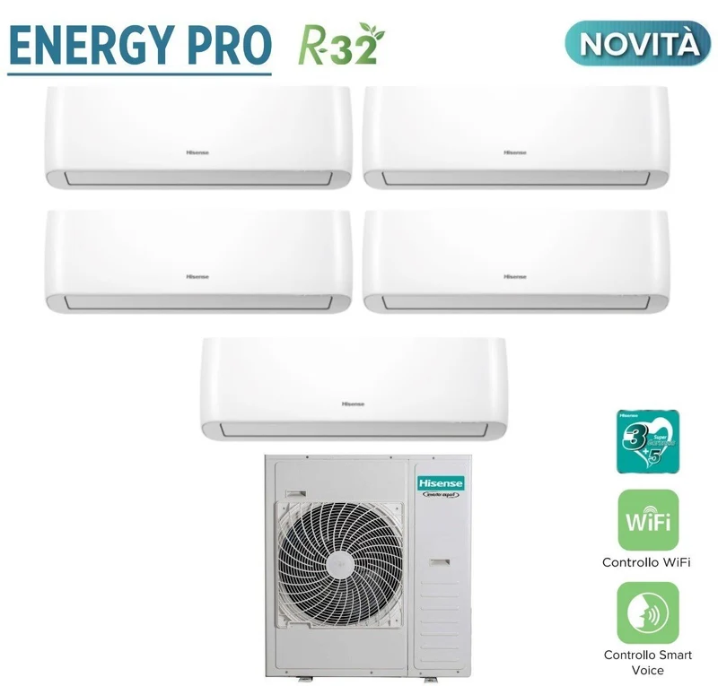 Climatiseur penta-split Hisense ENERGY PRO Series 9+9+12+12+12 Inverter Penta avec 5AMW125U4RTA R-32, Wi-Fi intégré, puissance 9000+9000+12000+12000+12000 - Neuf