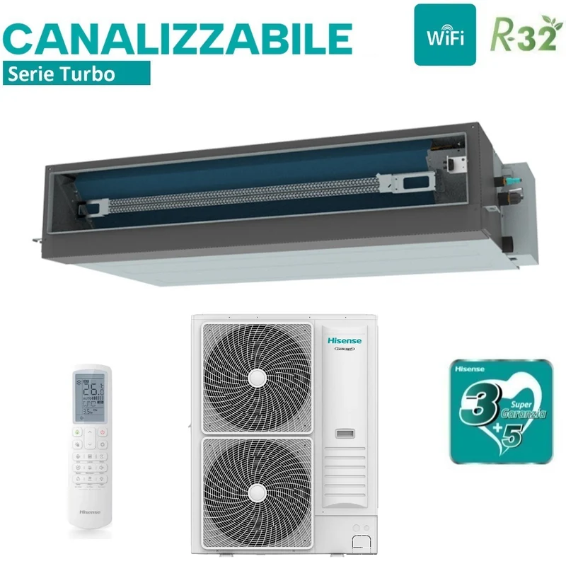Climatiseur gainable Hisense Inverter série TURBO 48 000 BTU AUD140UX4REH8 + AUW140U6RN8 triphasé R-32 Wi-Fi en option avec télécommande de série