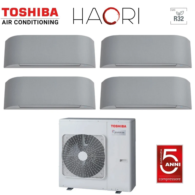 Climatiseur Toshiba HAORI Série 10+10+13+16 (9+9+12+15) Quad Split Inverter RAS-4M27U2AVG-E R-32 avec Wi-Fi intégré, puissance 10 000 + 10 000 + 13 000 + 16 000 BTU (9 000 + 9 000 + 12 000 + 15 000 BTU), gris clair