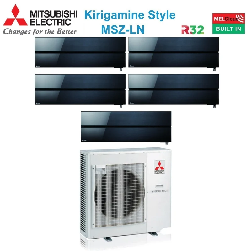 Climatiseur Mitsubishi Electric Penta Split Inverter Kirigamine Style MSZ-LN 9+9+9+9+9 avec MXZ-5F102VF Noir Onyx R-32 Wi-Fi intégré Couleur Noir 9000+9000+9000+9000+9000